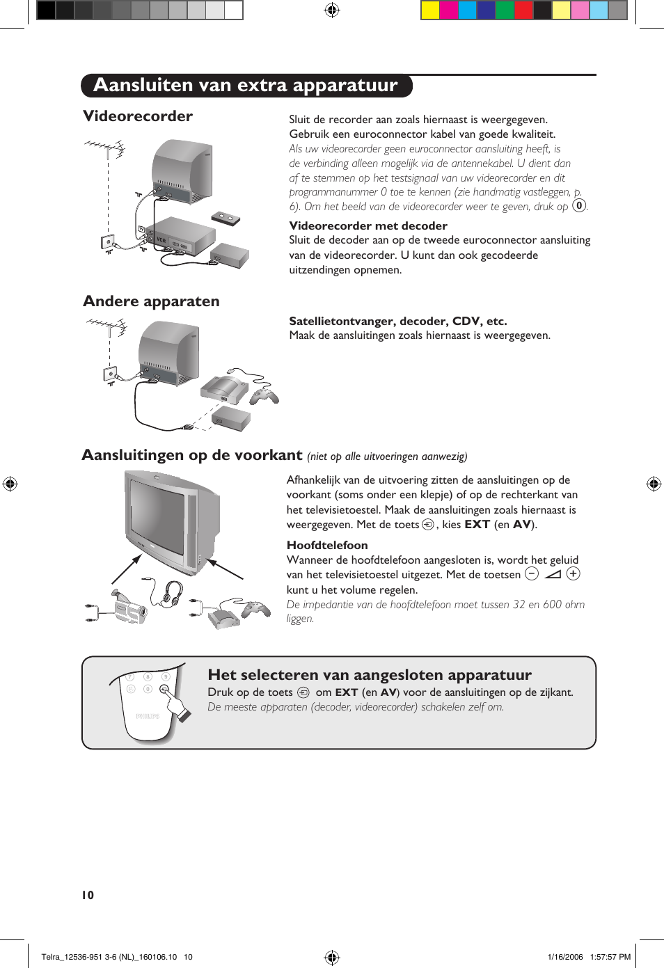 Aansluiten van extra apparatuur, Videorecorder, Andere apparaten | Aansluitingen op de voorkant, Het selecteren van aangesloten apparatuur | Philips 14PT1521 User Manual | Page 36 / 76