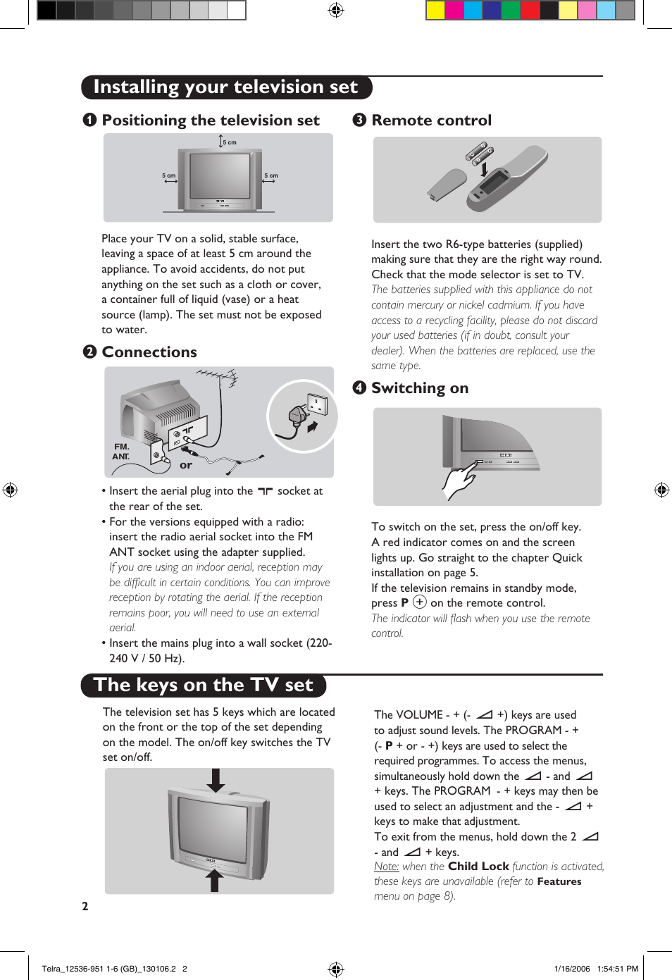 Positioning the television set, Connections, Remote control | Switching on | Philips 14PT1521 User Manual | Page 4 / 76