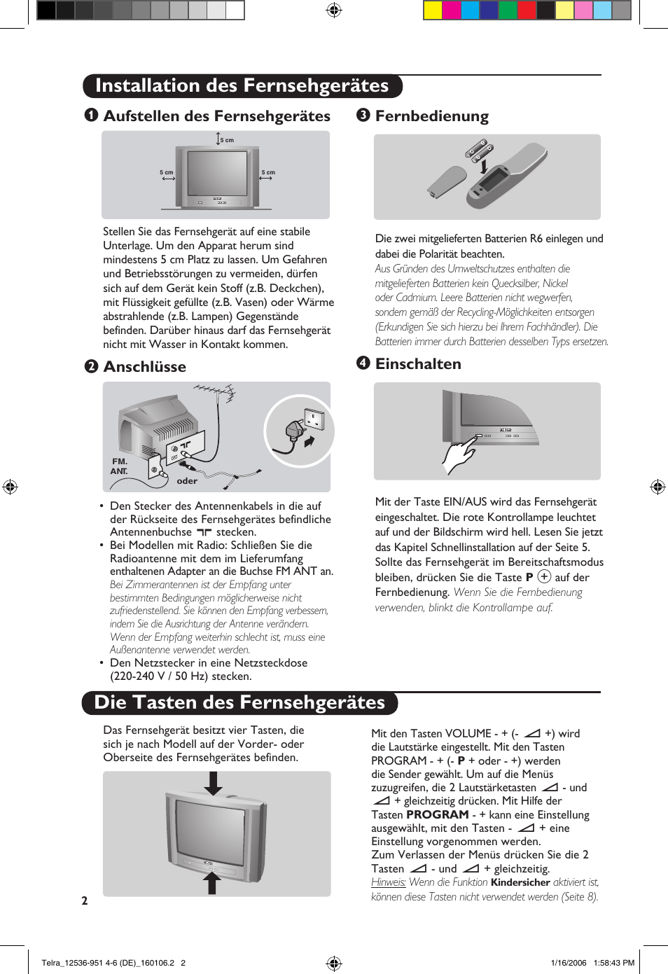 Aufstellen des fernsehgerätes, Anschlüsse, Fernbedienung | Einschalten | Philips 14PT1521 User Manual | Page 40 / 76