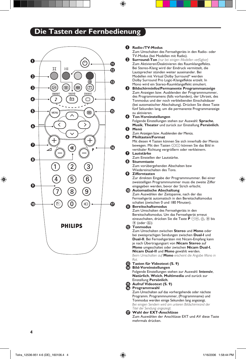 Die tasten der fernbedienung | Philips 14PT1521 User Manual | Page 42 / 76