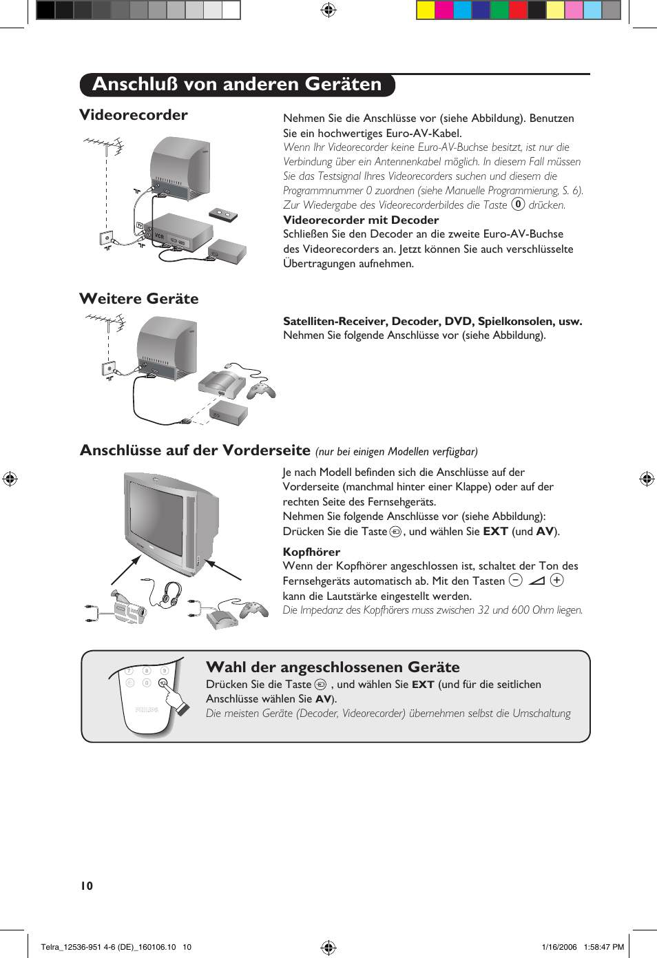 Anschluß von anderen geräten, Videorecorder, Weitere geräte | Anschlüsse auf der vorderseite, Wahl der angeschlossenen geräte | Philips 14PT1521 User Manual | Page 48 / 76