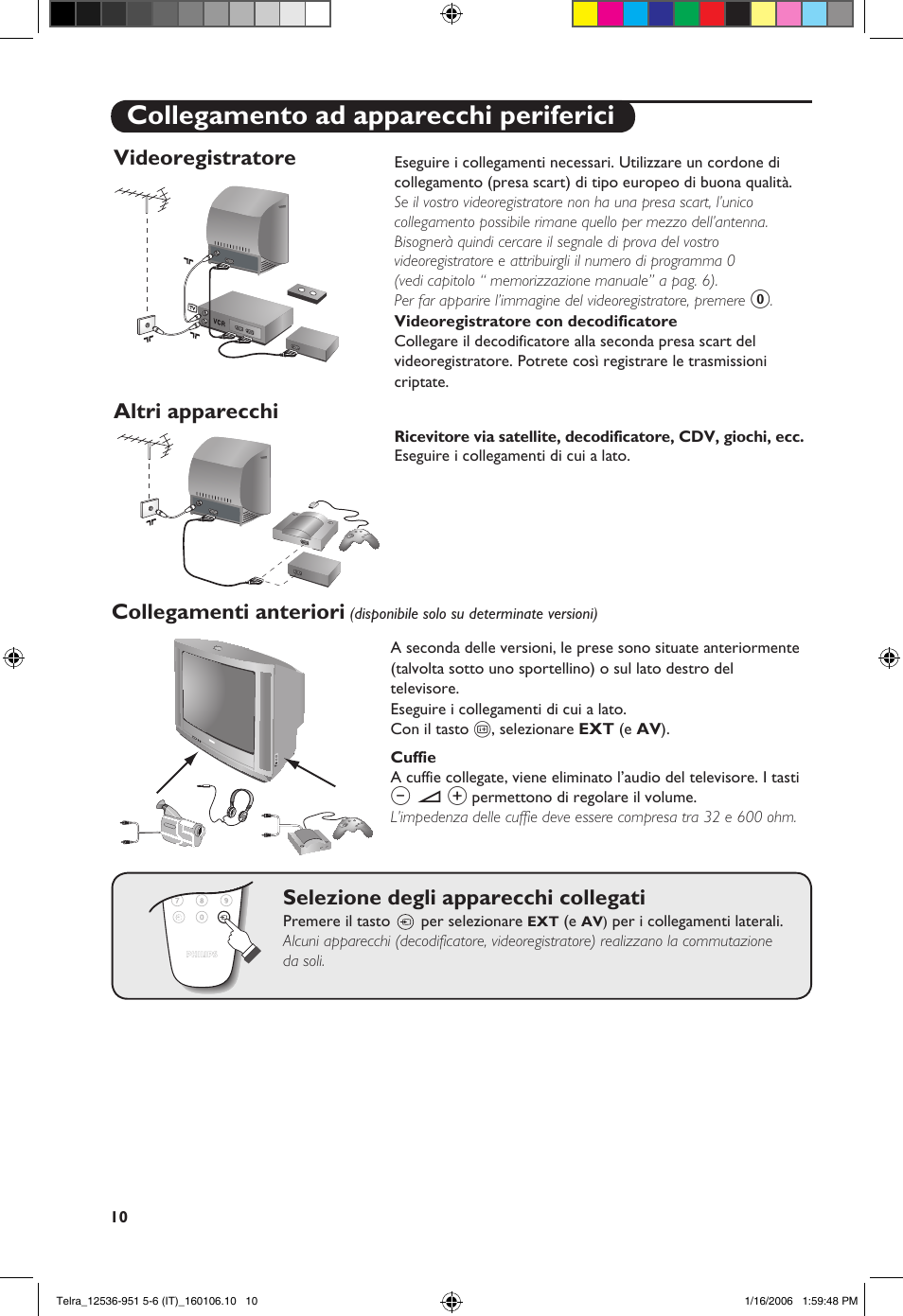 Collegamento ad apparecchi periferici, Videoregistratore, Altri apparecchi | Collegamenti anteriori, Selezione degli apparecchi collegati | Philips 14PT1521 User Manual | Page 60 / 76