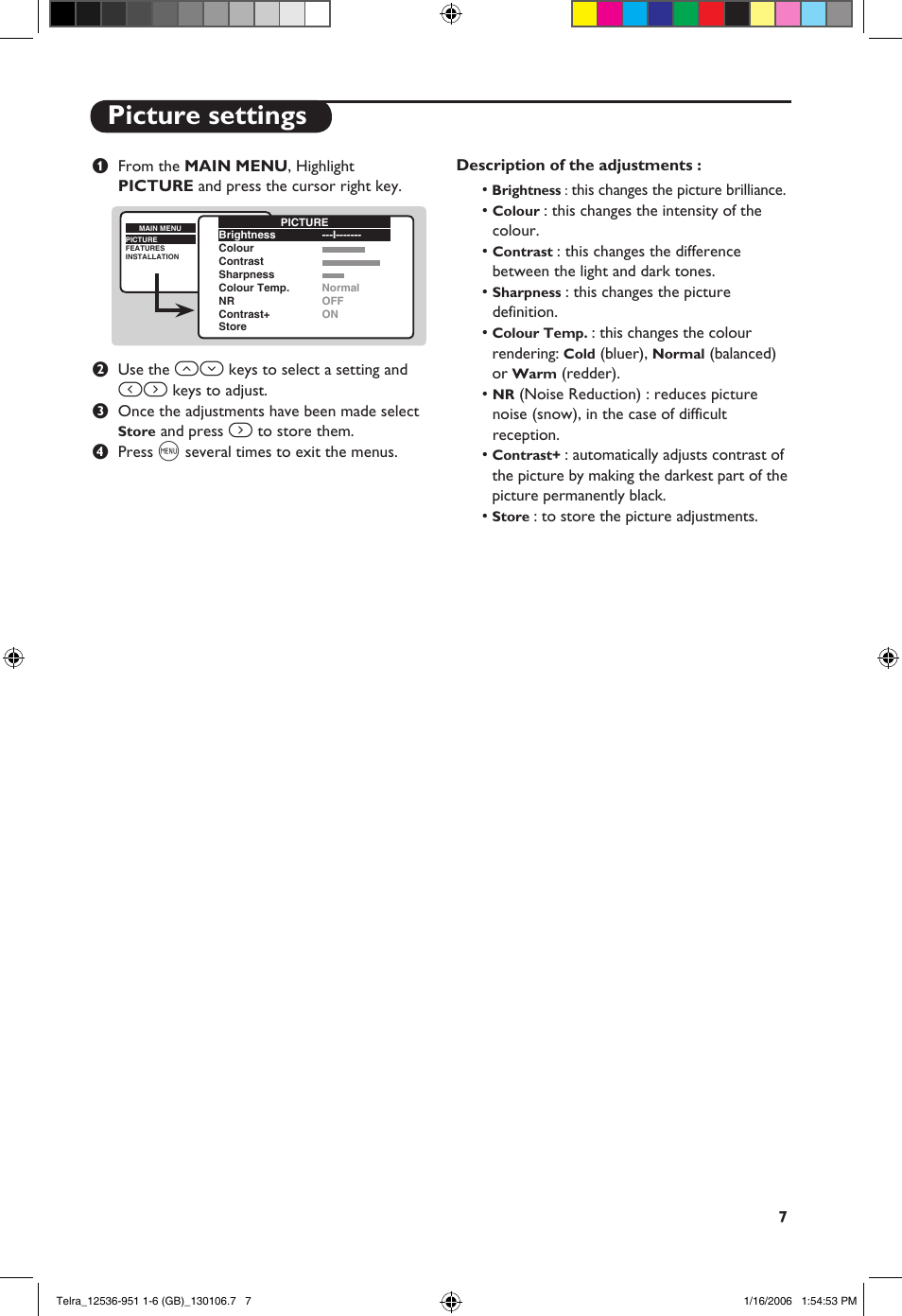 Picture settings | Philips 14PT1521 User Manual | Page 9 / 76