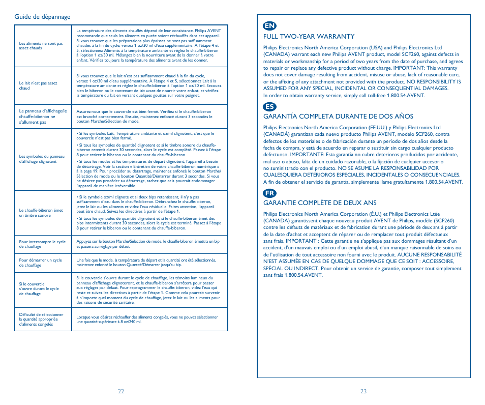 Guide de dépannage, Full two-year warranty, Garantía completa durante de dos años | Garantie complète de deux ans, En es fr | Philips SCF260/33 User Manual | Page 12 / 13