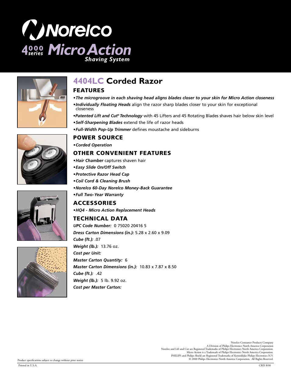 Micro action, 4404lc corded razor, Shaving system series | Philips 4404LC User Manual | Page 2 / 2