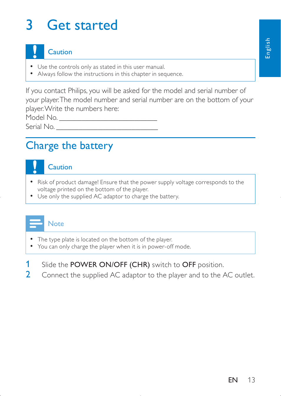 3 get started, Charge the battery | Philips PD7020/12 User Manual | Page 12 / 20