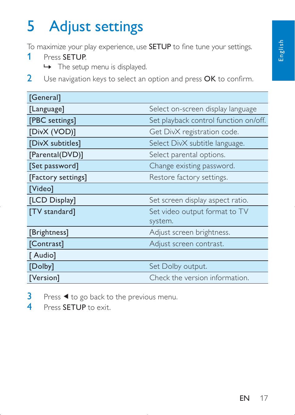 5 adjust settings | Philips PD7020/12 User Manual | Page 16 / 20