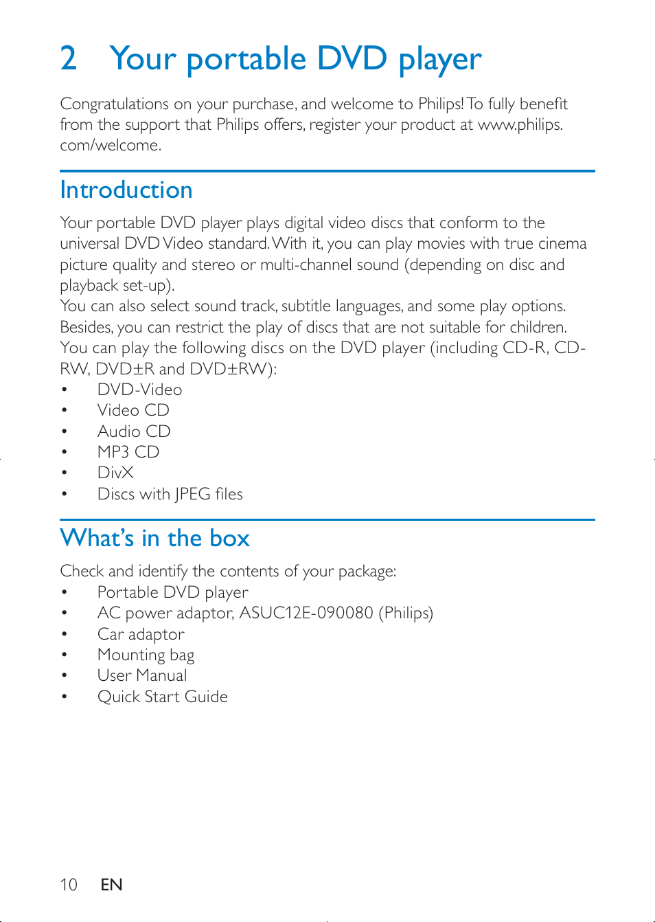 2 your portable dvd player, Introduction, What’s in the box | Philips PD7020/12 User Manual | Page 9 / 20