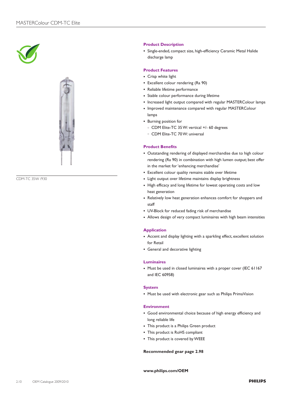 Mastercolour cdm-tc elite | Philips Compact HID Lamp and Gear User Manual | Page 10 / 100