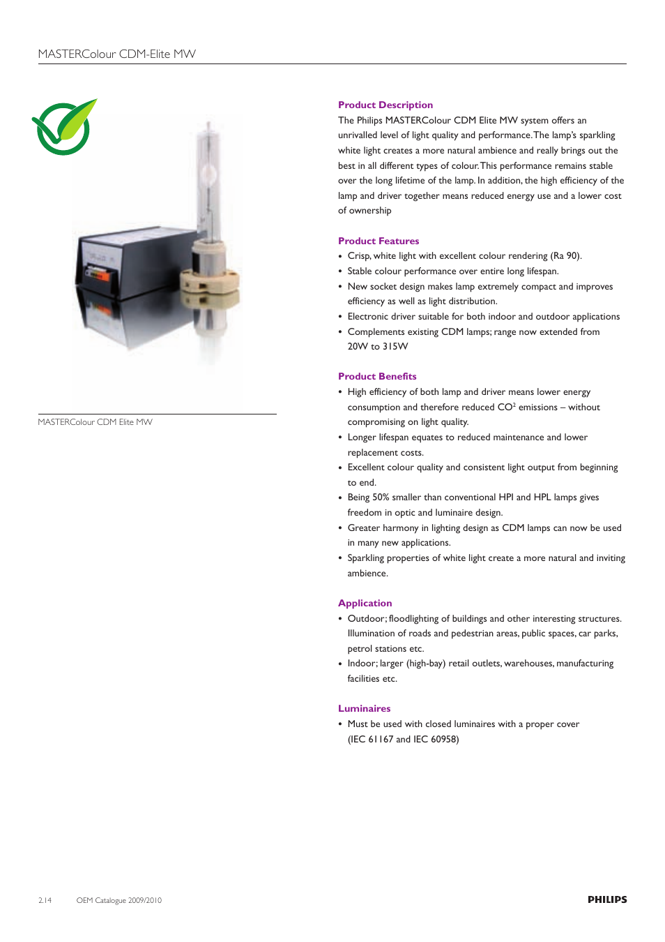 Mastercolour cdm-elite mw | Philips Compact HID Lamp and Gear User Manual | Page 14 / 100