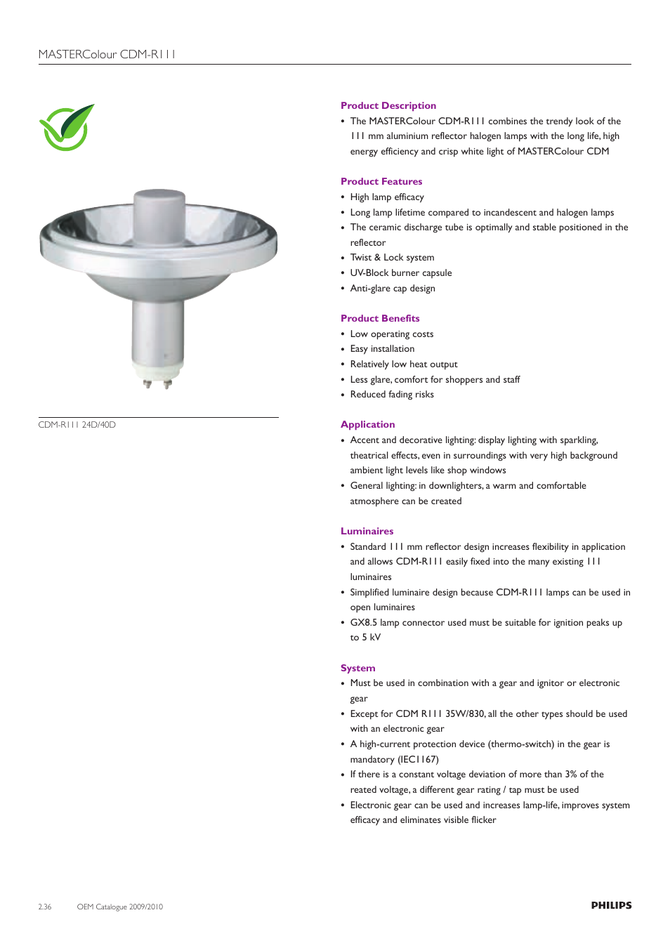 Mastercolour cdm-r111 | Philips Compact HID Lamp and Gear User Manual | Page 36 / 100