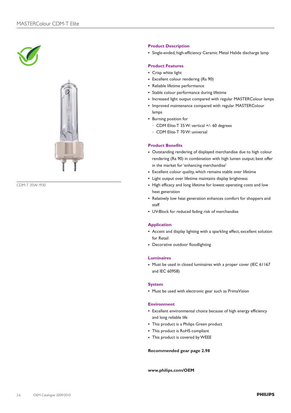 Mastercolour cdm-t elite | Philips Compact HID Lamp and Gear User Manual | Page 6 / 100