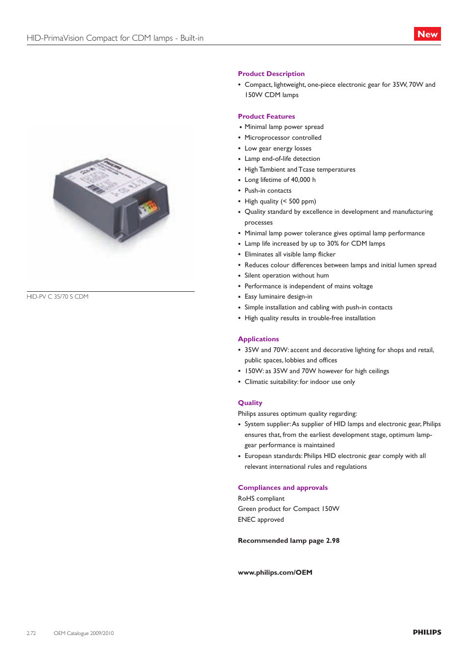 Hid-primavision compact for cdm lamps - built-in | Philips Compact HID Lamp and Gear User Manual | Page 72 / 100