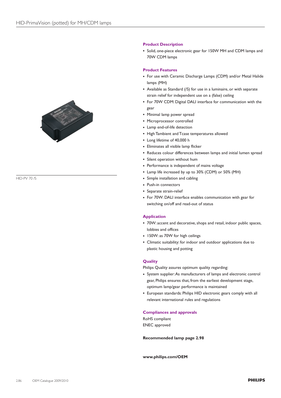 Hid-primavision (potted) for mh/cdm lamps | Philips Compact HID Lamp and Gear User Manual | Page 86 / 100