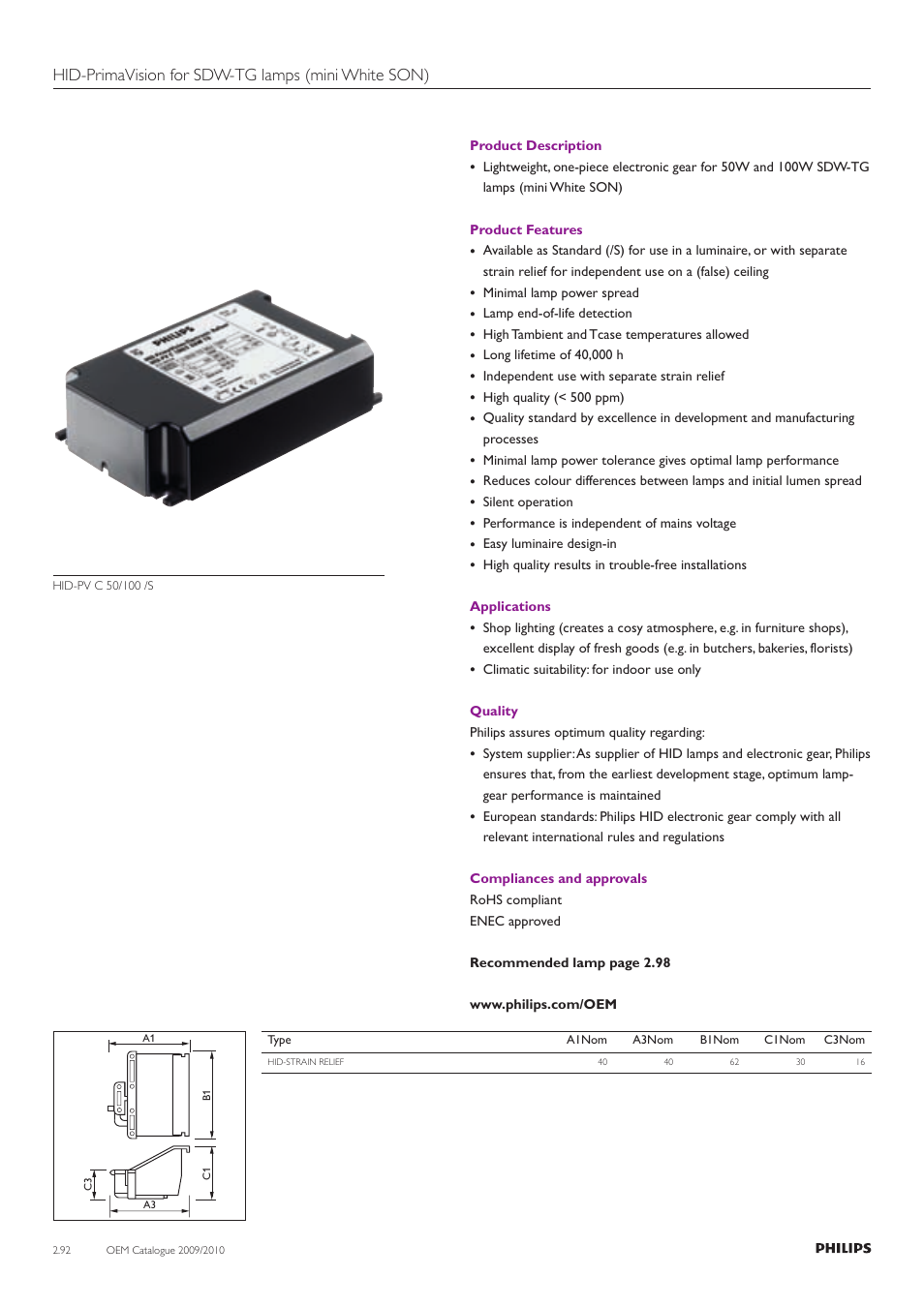 Hid-primavision for sdw-tg lamps (mini white son) | Philips Compact HID Lamp and Gear User Manual | Page 92 / 100