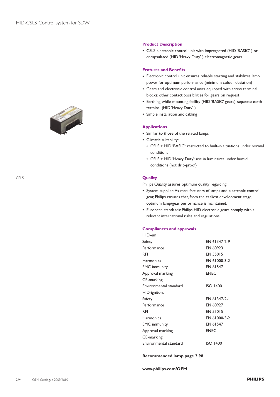 Hid-csls control system for sdw | Philips Compact HID Lamp and Gear User Manual | Page 94 / 100