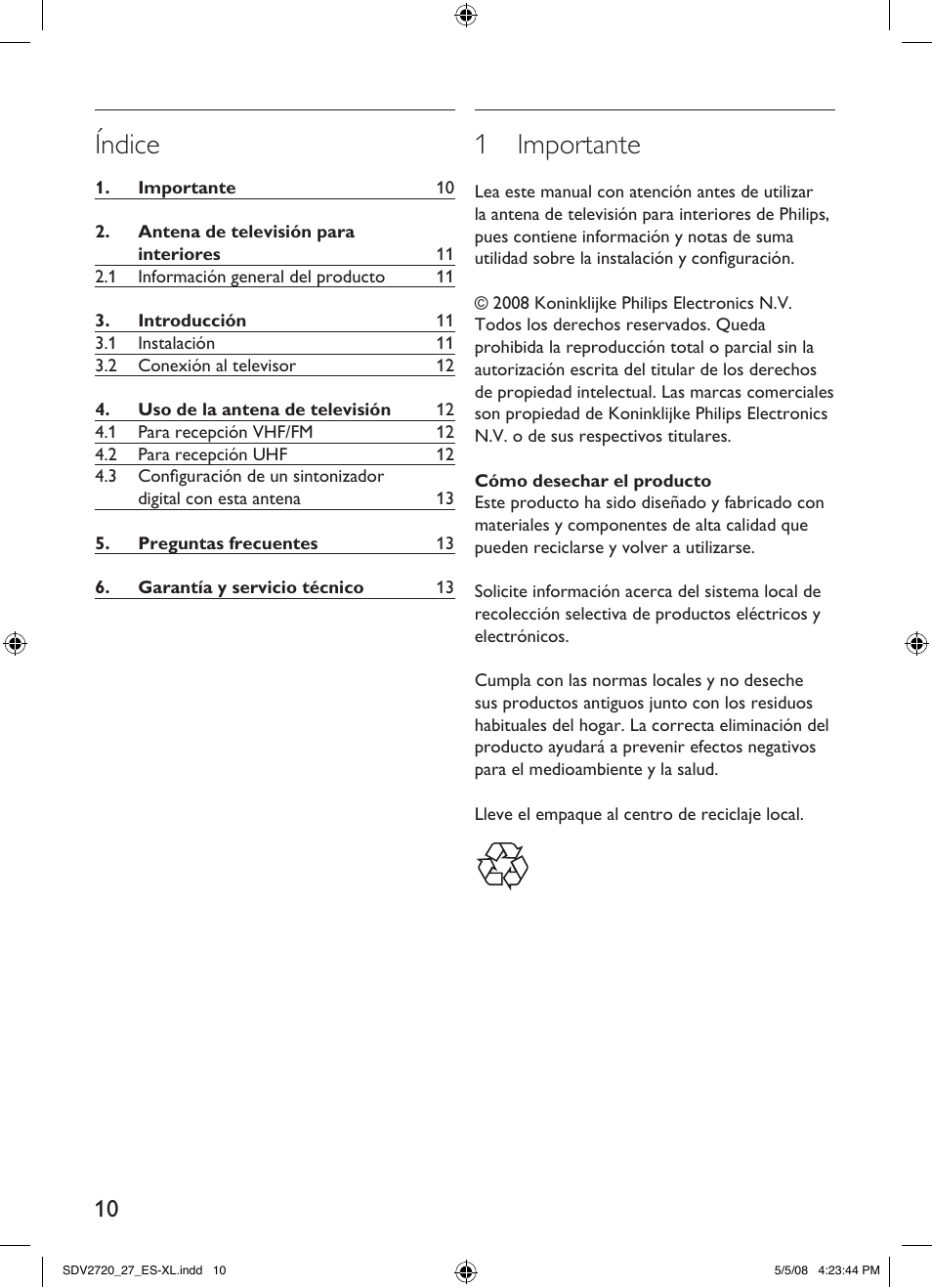 Índice, 1 importante | Philips SDV2720/27 User Manual | Page 10 / 16