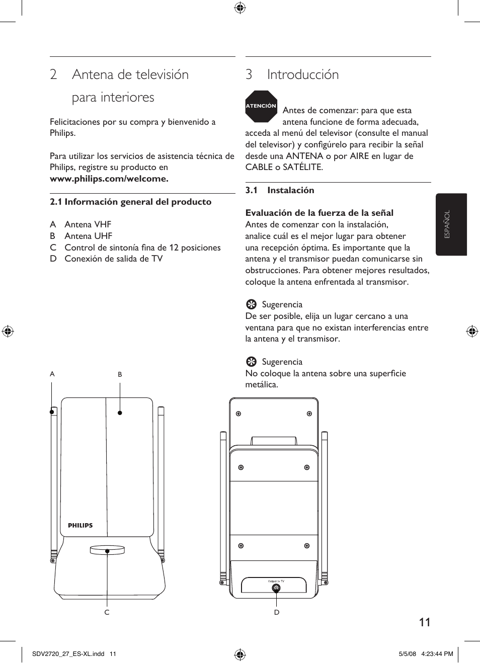 2 antena de televisión para interiores, 3 introducción | Philips SDV2720/27 User Manual | Page 11 / 16