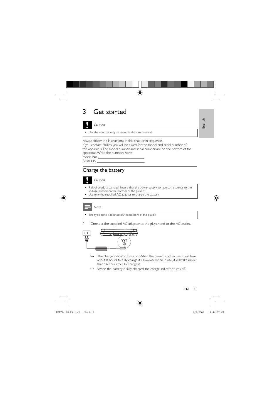 3 get started, Charge the battery | Philips PET744 User Manual | Page 12 / 20