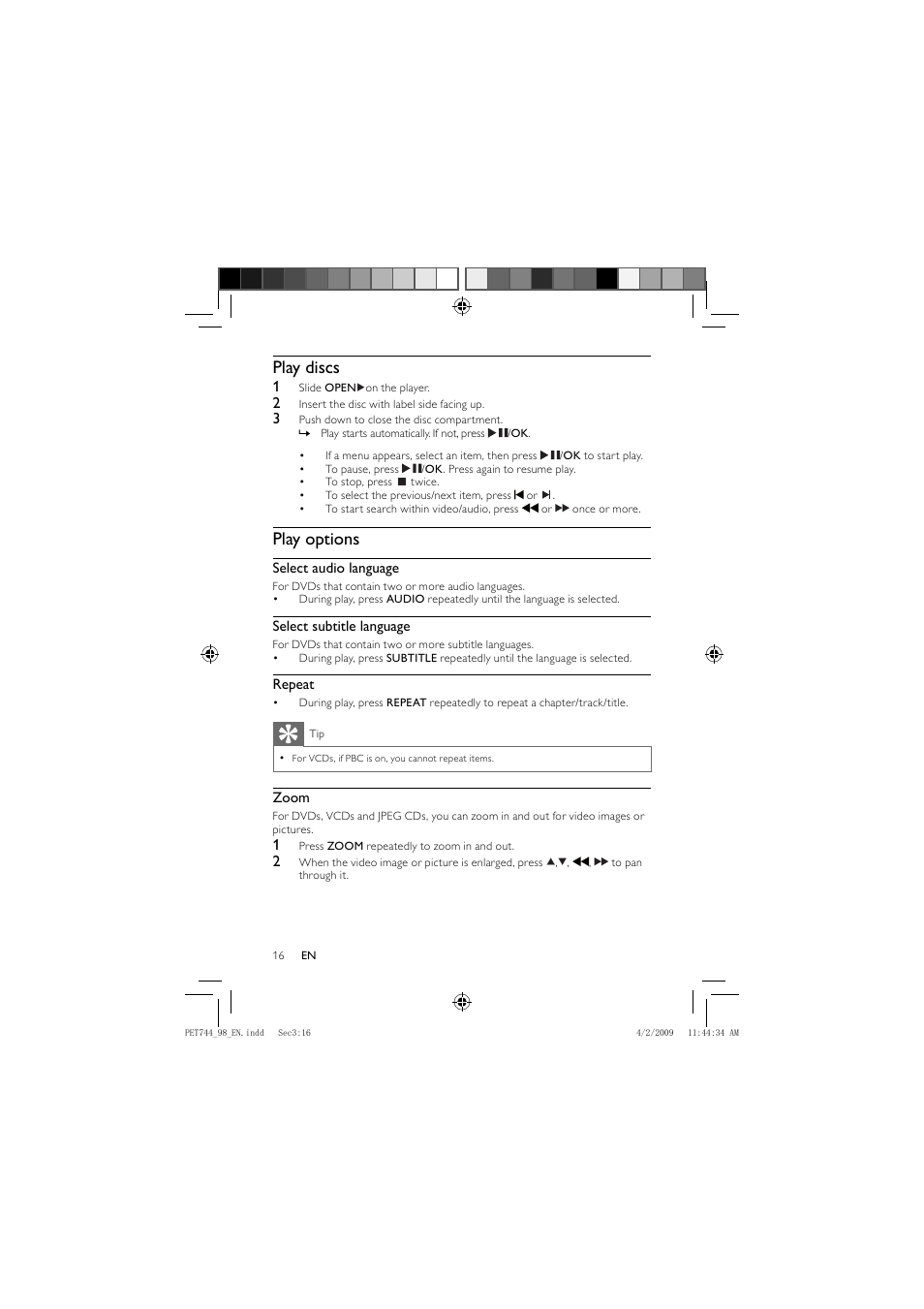 Play discs, Play options | Philips PET744 User Manual | Page 15 / 20