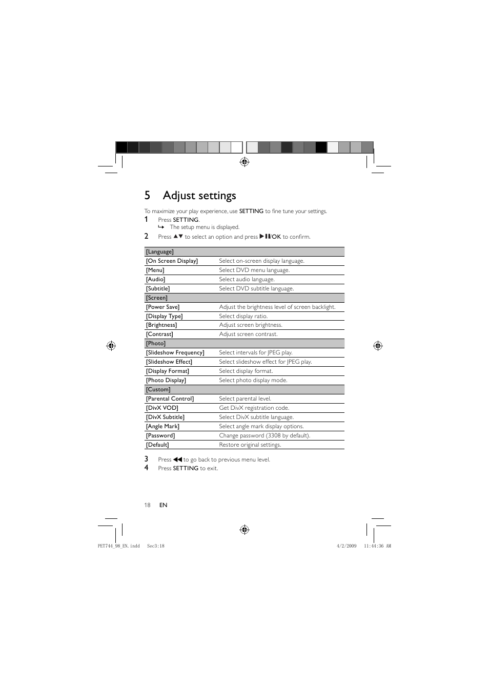 5 adjust settings | Philips PET744 User Manual | Page 17 / 20