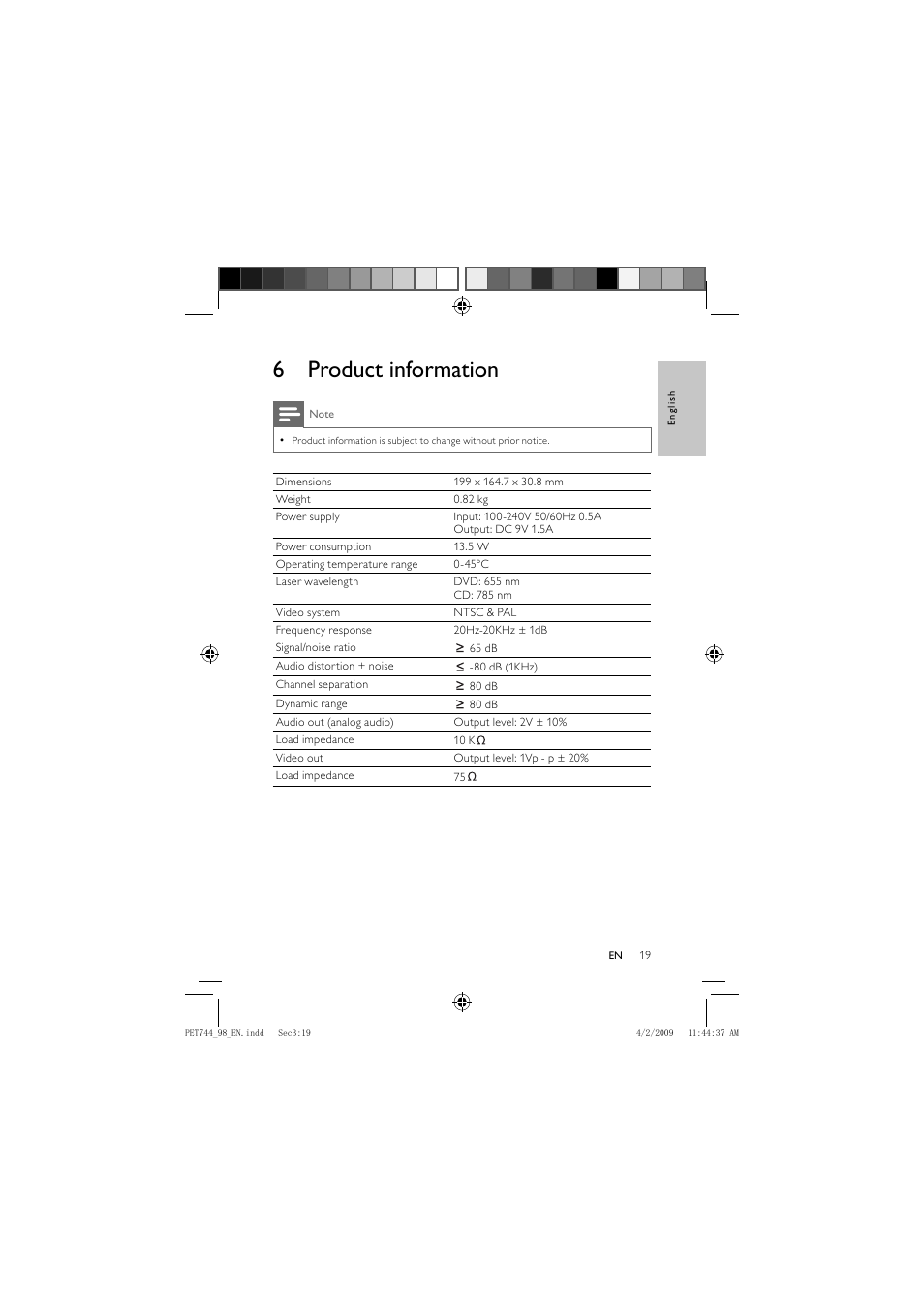 6 product information | Philips PET744 User Manual | Page 18 / 20