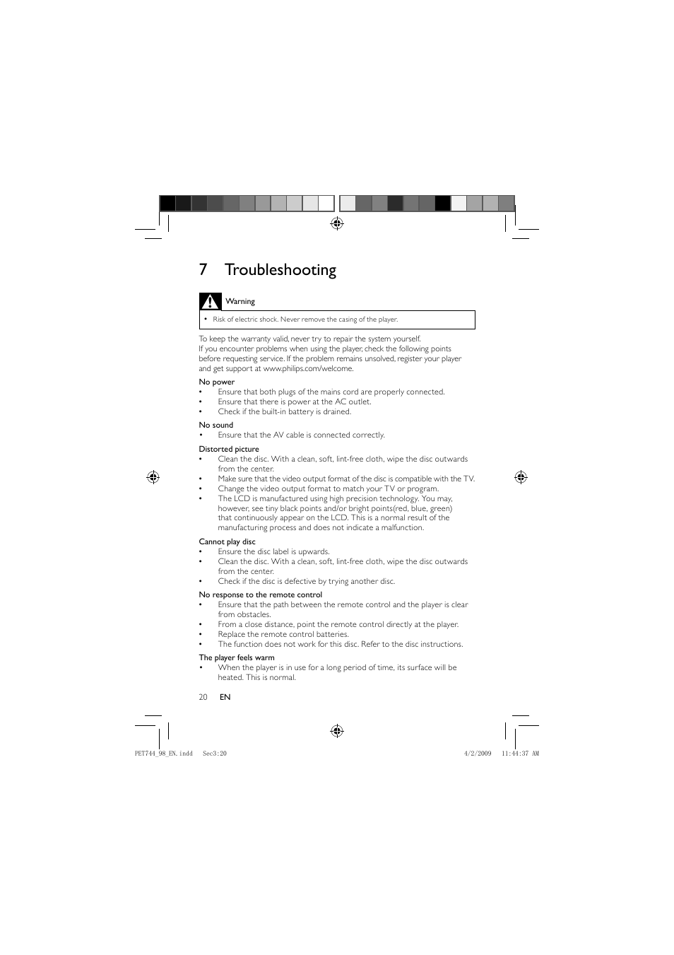 7 troubleshooting | Philips PET744 User Manual | Page 19 / 20