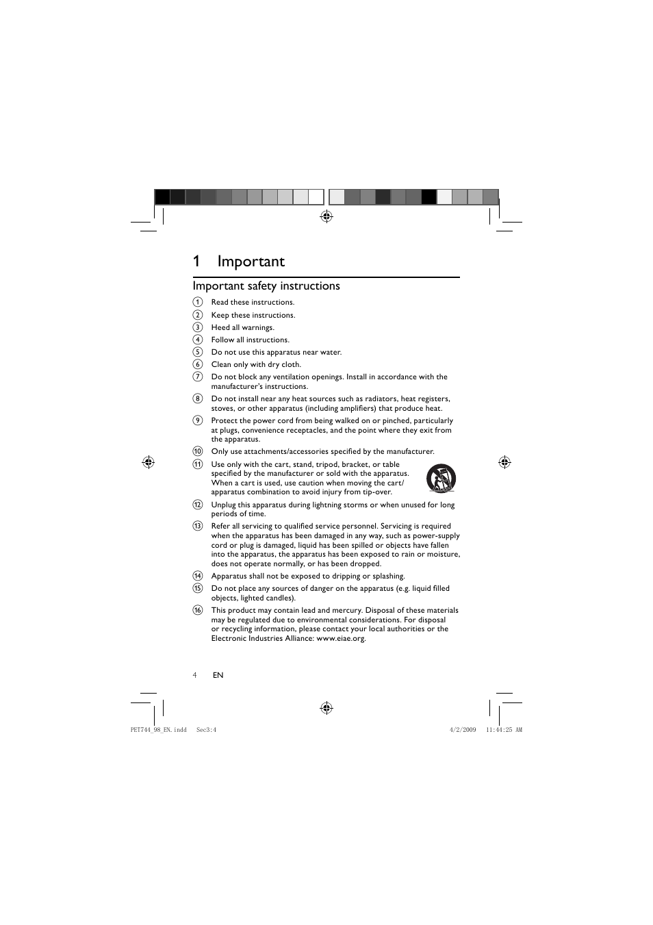 1 important, Important safety instructions | Philips PET744 User Manual | Page 3 / 20