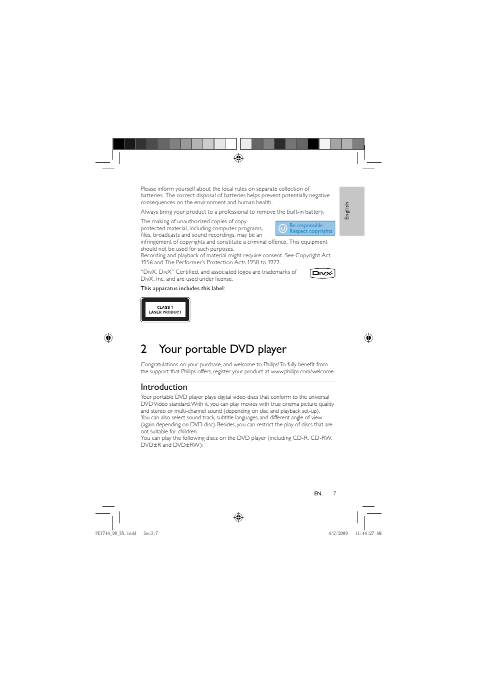 2 your portable dvd player, Introduction | Philips PET744 User Manual | Page 6 / 20