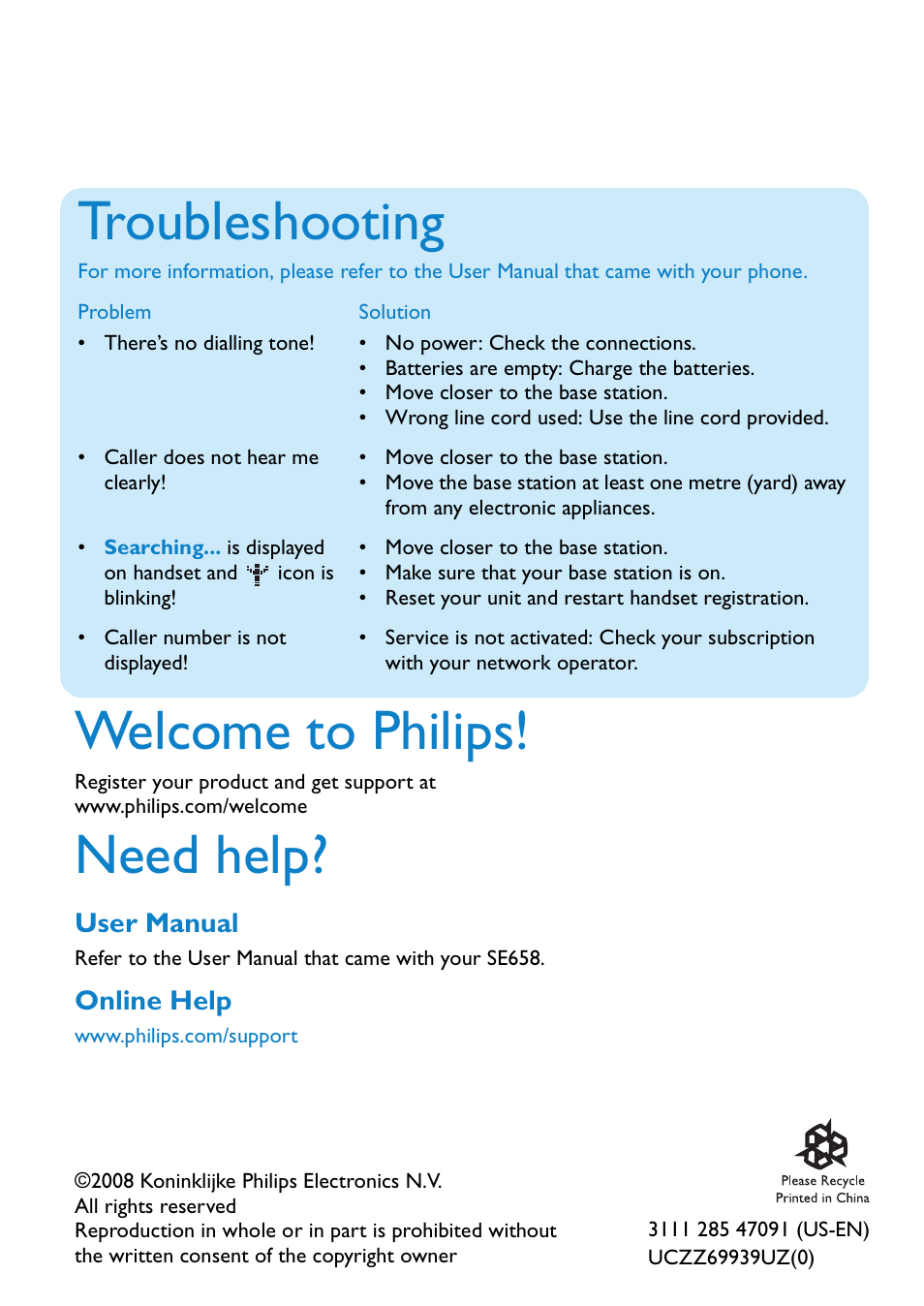 Welcome to philips, Need help, Troubleshooting | Philips SE658 User Manual | Page 6 / 6