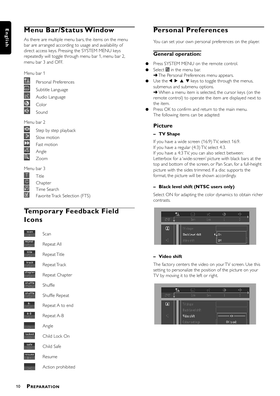 Menu bar/status window, Temporary feedback field icons, Personal preferences | Philips DVD-703 User Manual | Page 10 / 20