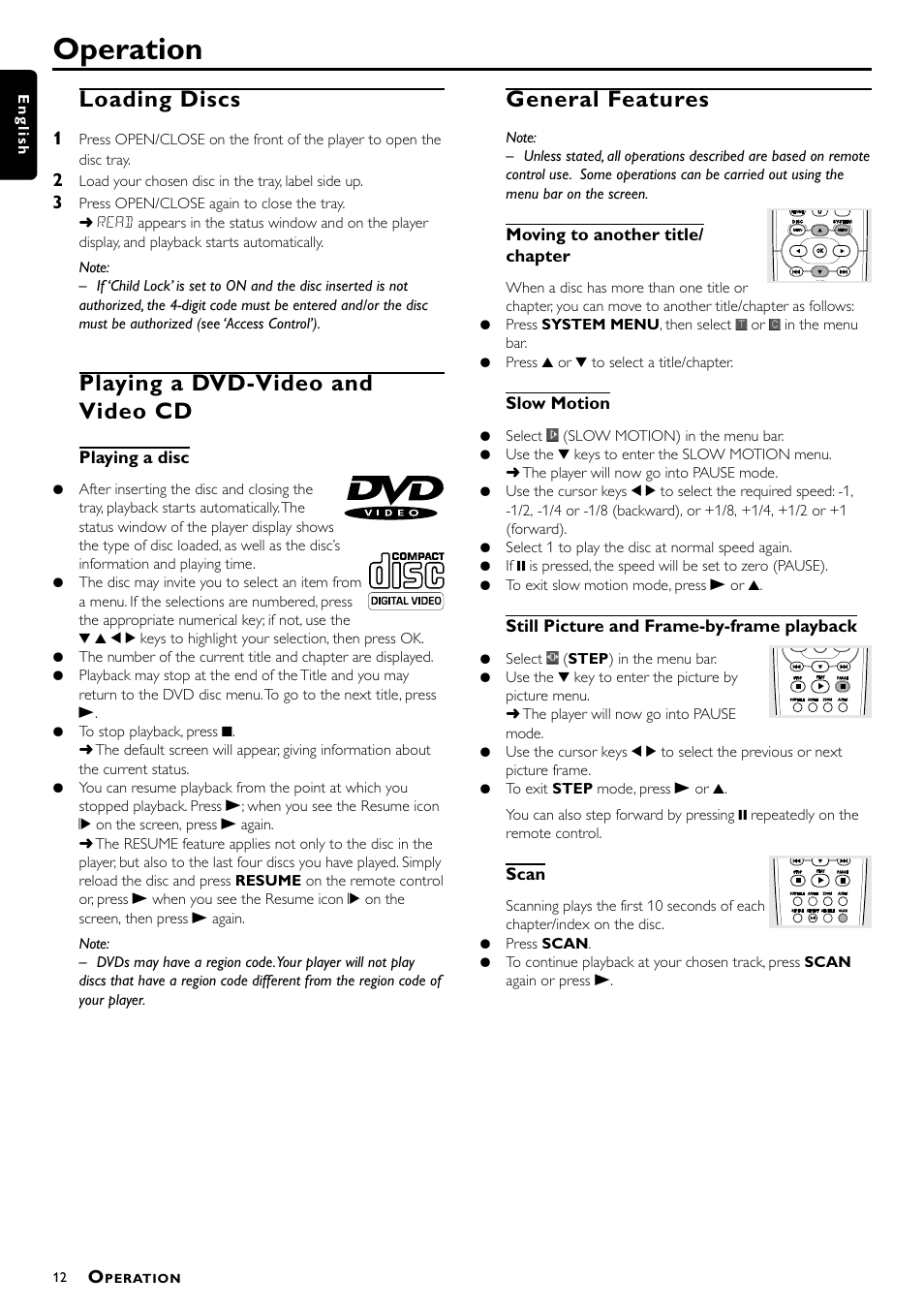 Operation, Loading discs, Playing a dvd-video and video cd | General features | Philips DVD-703 User Manual | Page 12 / 20