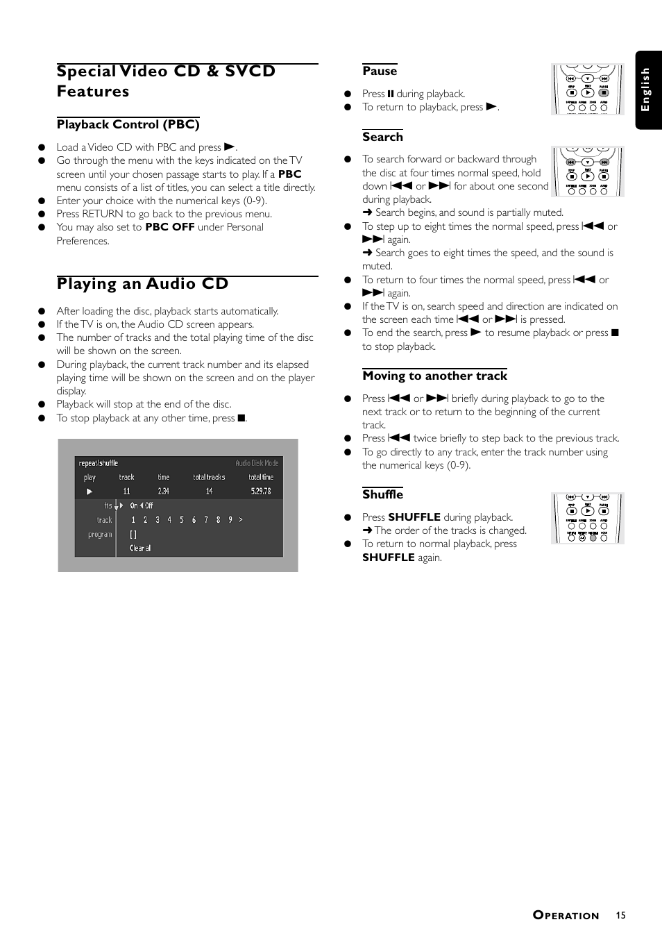 Special video cd & svcd features, Playing an audio cd | Philips DVD-703 User Manual | Page 15 / 20