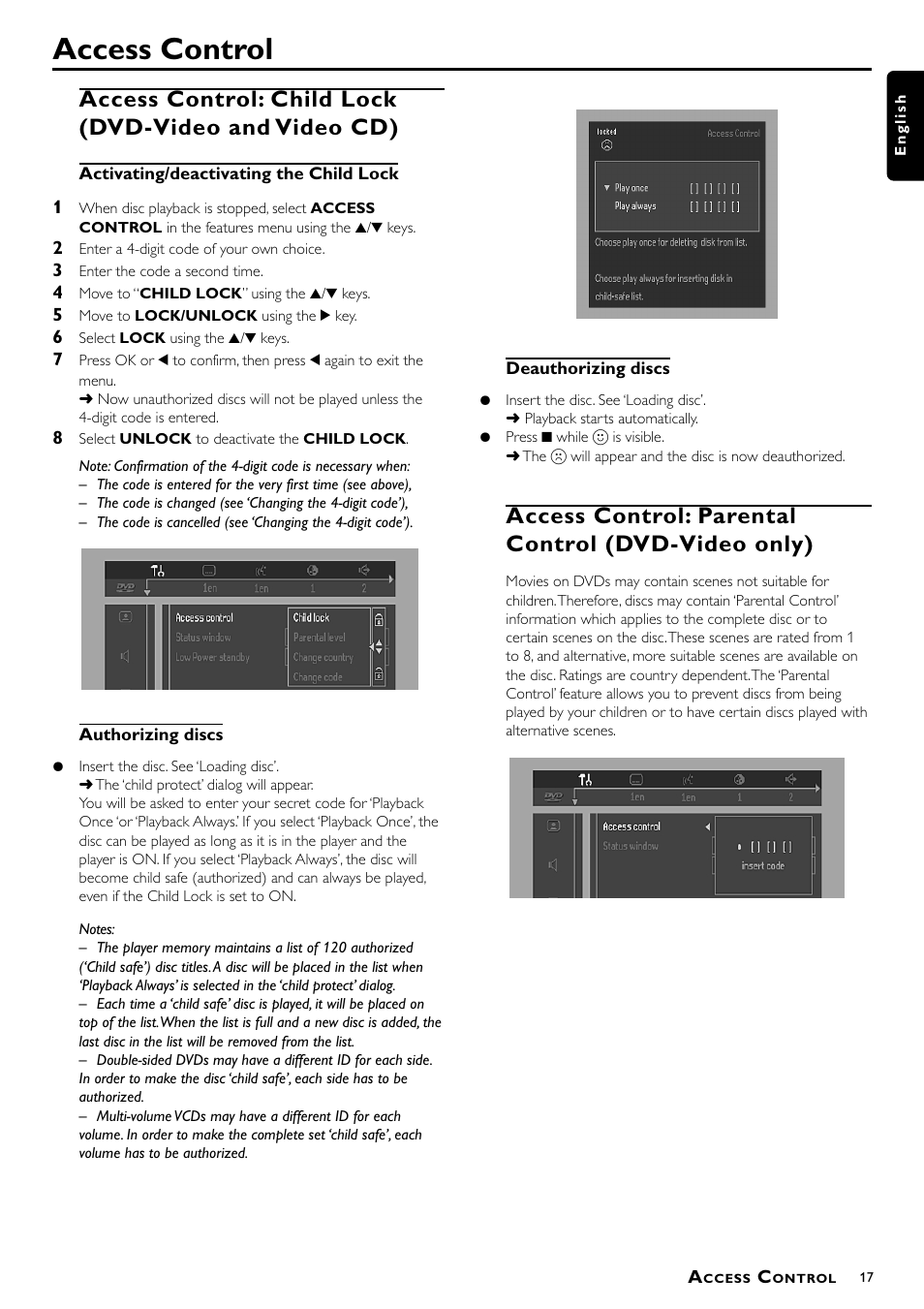 Access control, Access control: parental control (dvd-video only) | Philips DVD-703 User Manual | Page 17 / 20