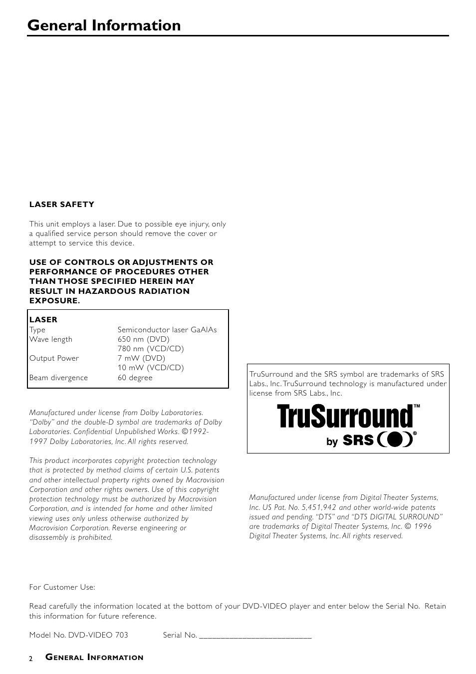 General information | Philips DVD-703 User Manual | Page 2 / 20