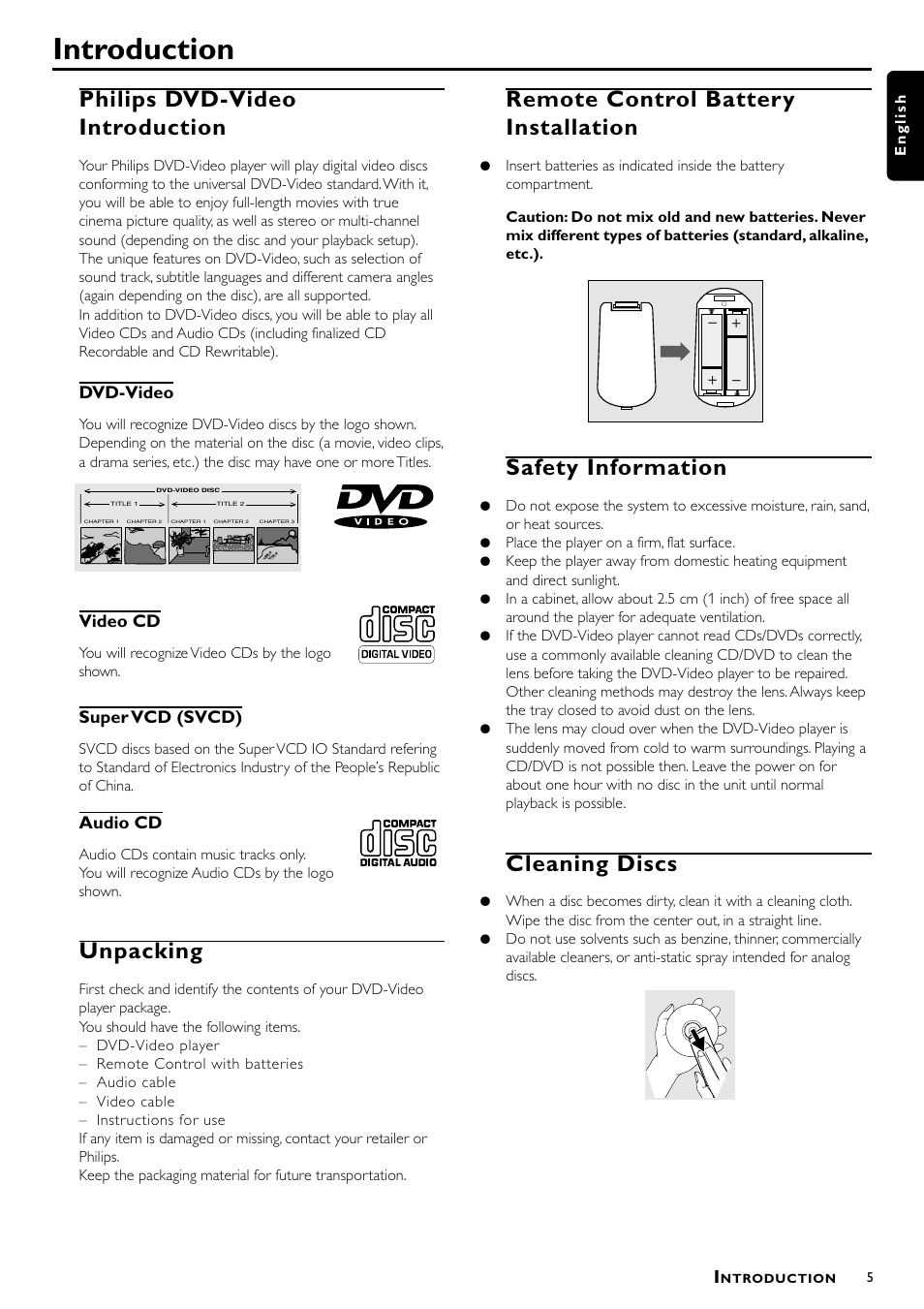 Introduction, Philips dvd-video introduction, Unpacking | Remote control battery installation, Safety information, Cleaning discs | Philips DVD-703 User Manual | Page 5 / 20