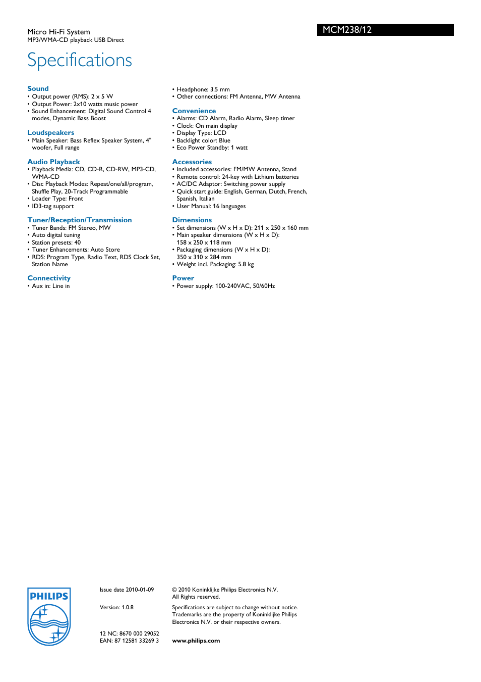 Specifications | Philips MCM238 User Manual | Page 3 / 3