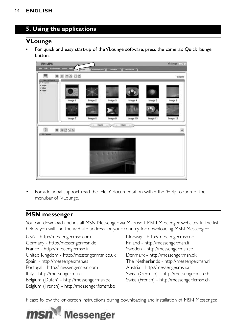 Using the applications vlounge, Msn messenger | Philips SPC900NC/00 User Manual | Page 14 / 22