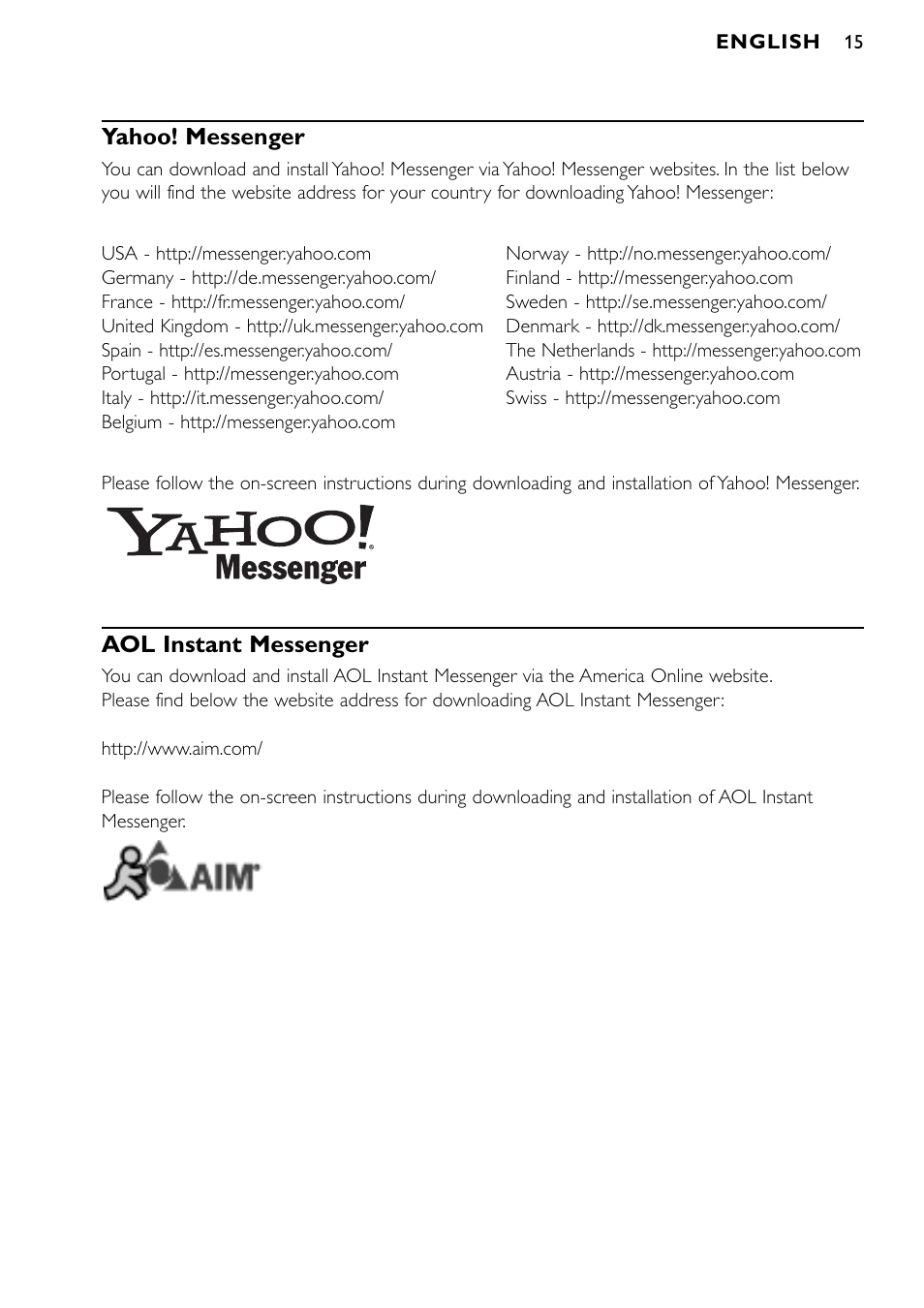 Yahoo! messenger, Aol instant messenger | Philips SPC900NC/00 User Manual | Page 15 / 22