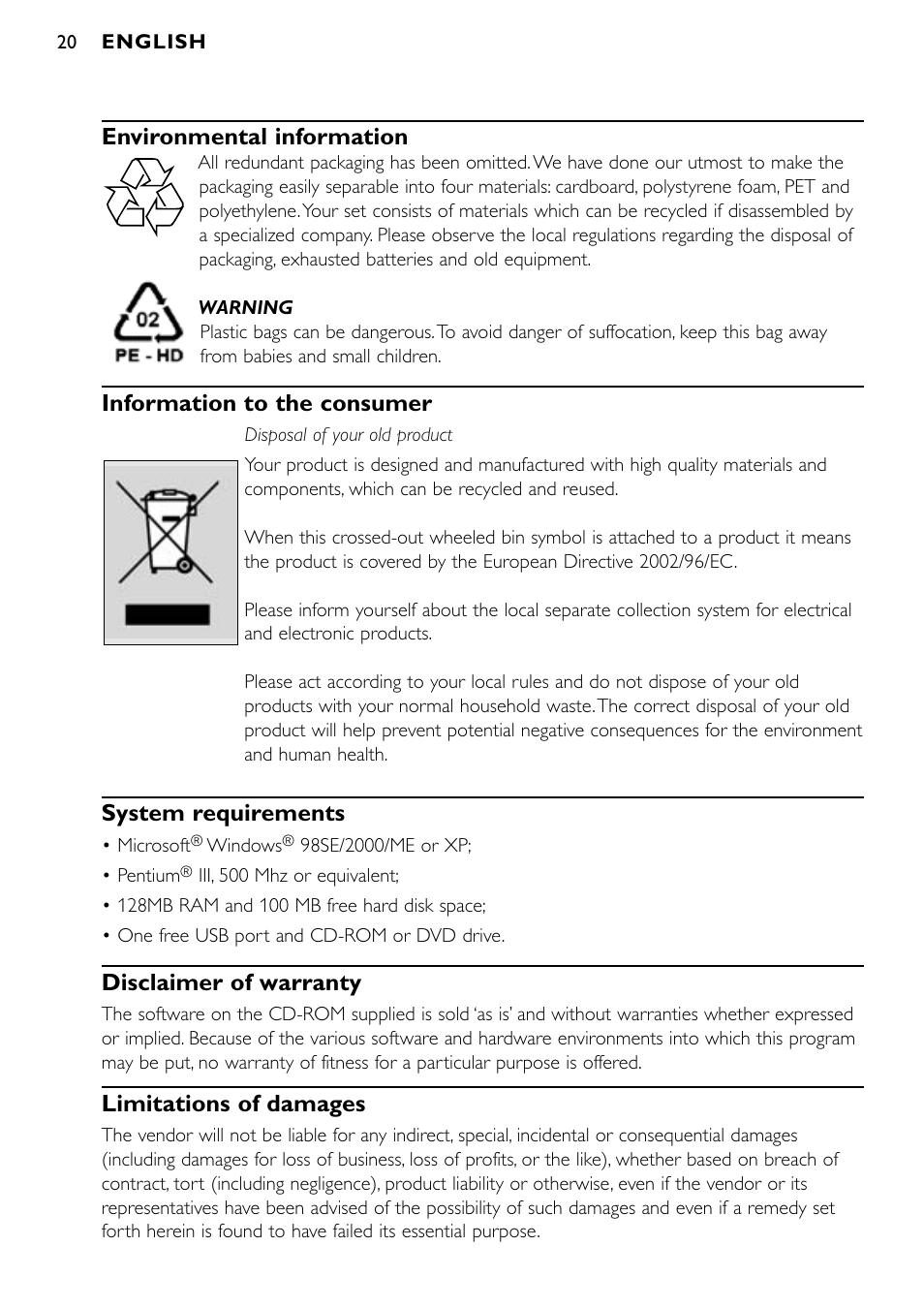 Environmental information, Information to the consumer, System requirements | Disclaimer of warranty, Limitations of damages | Philips SPC900NC/00 User Manual | Page 20 / 22