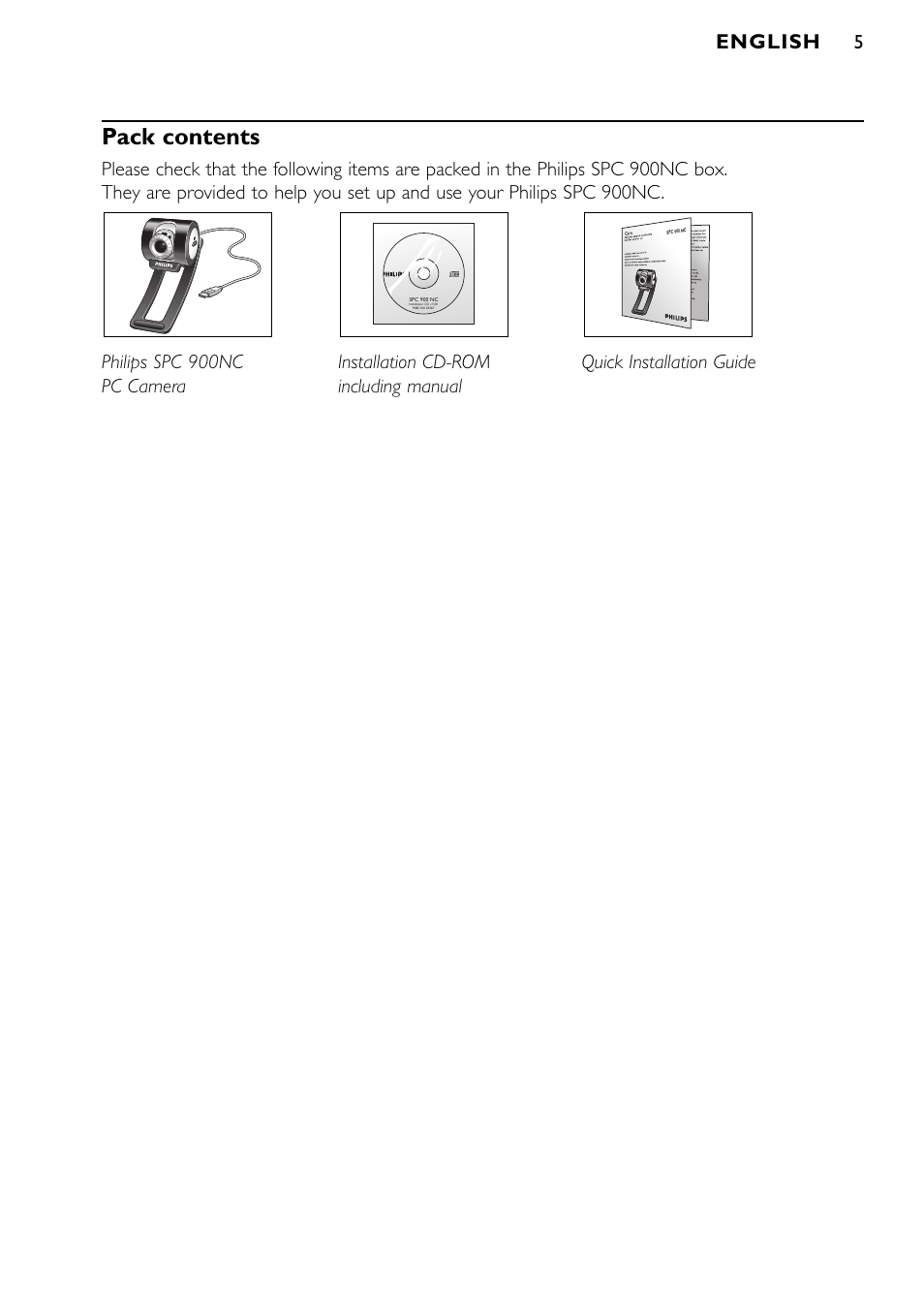 Pack contents, English | Philips SPC900NC/00 User Manual | Page 5 / 22