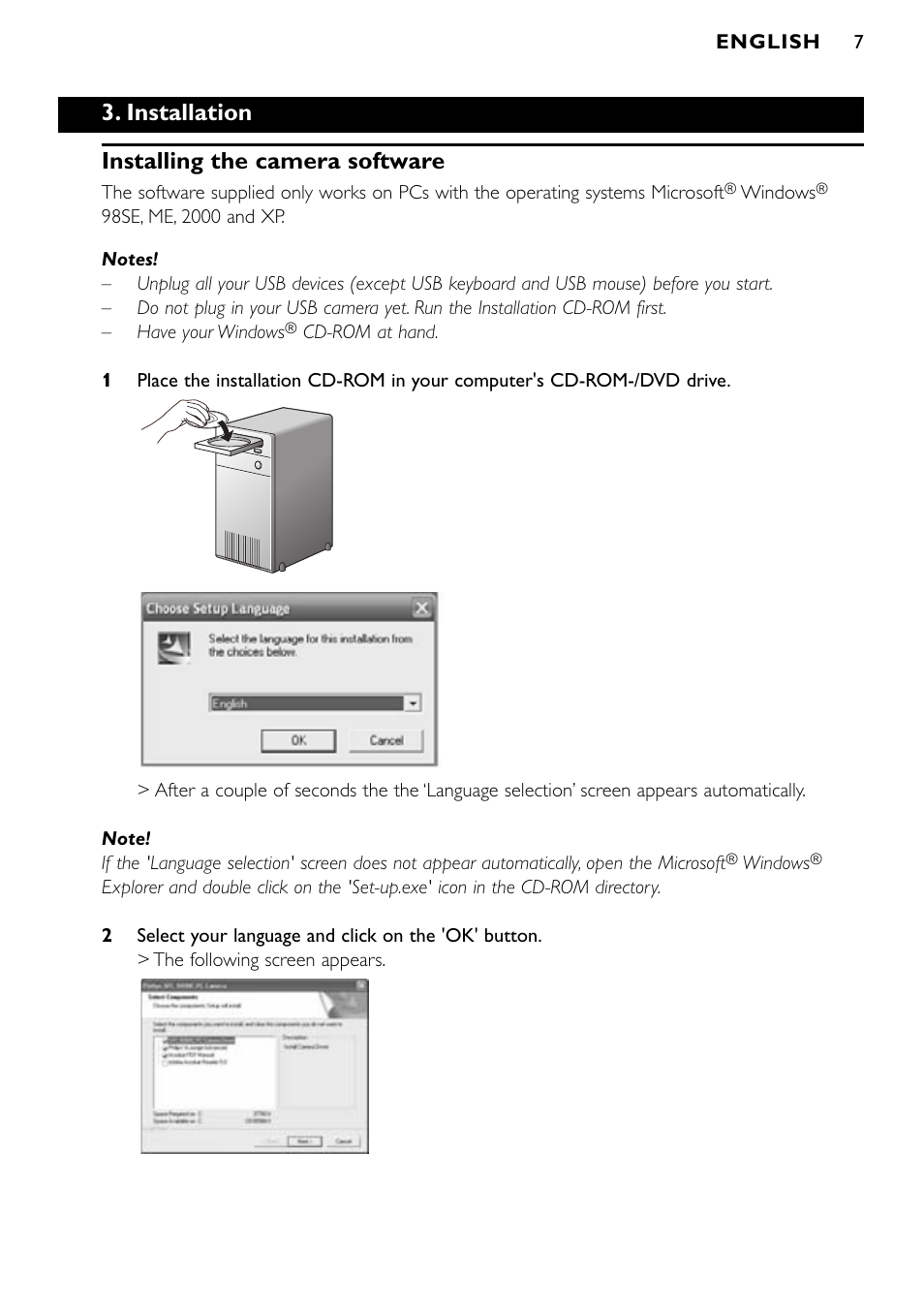 Installation installing the camera software | Philips SPC900NC/00 User Manual | Page 7 / 22