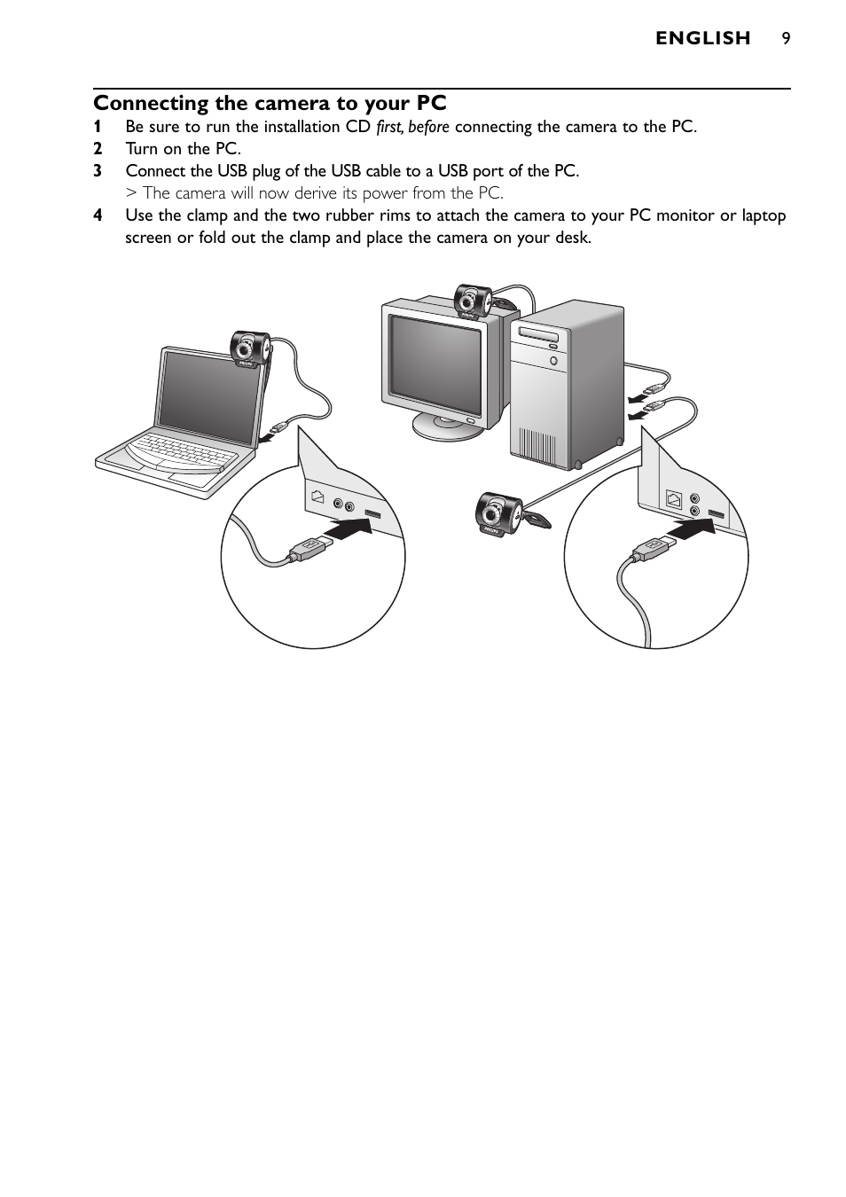 Connecting the camera to your pc | Philips SPC900NC/00 User Manual | Page 9 / 22