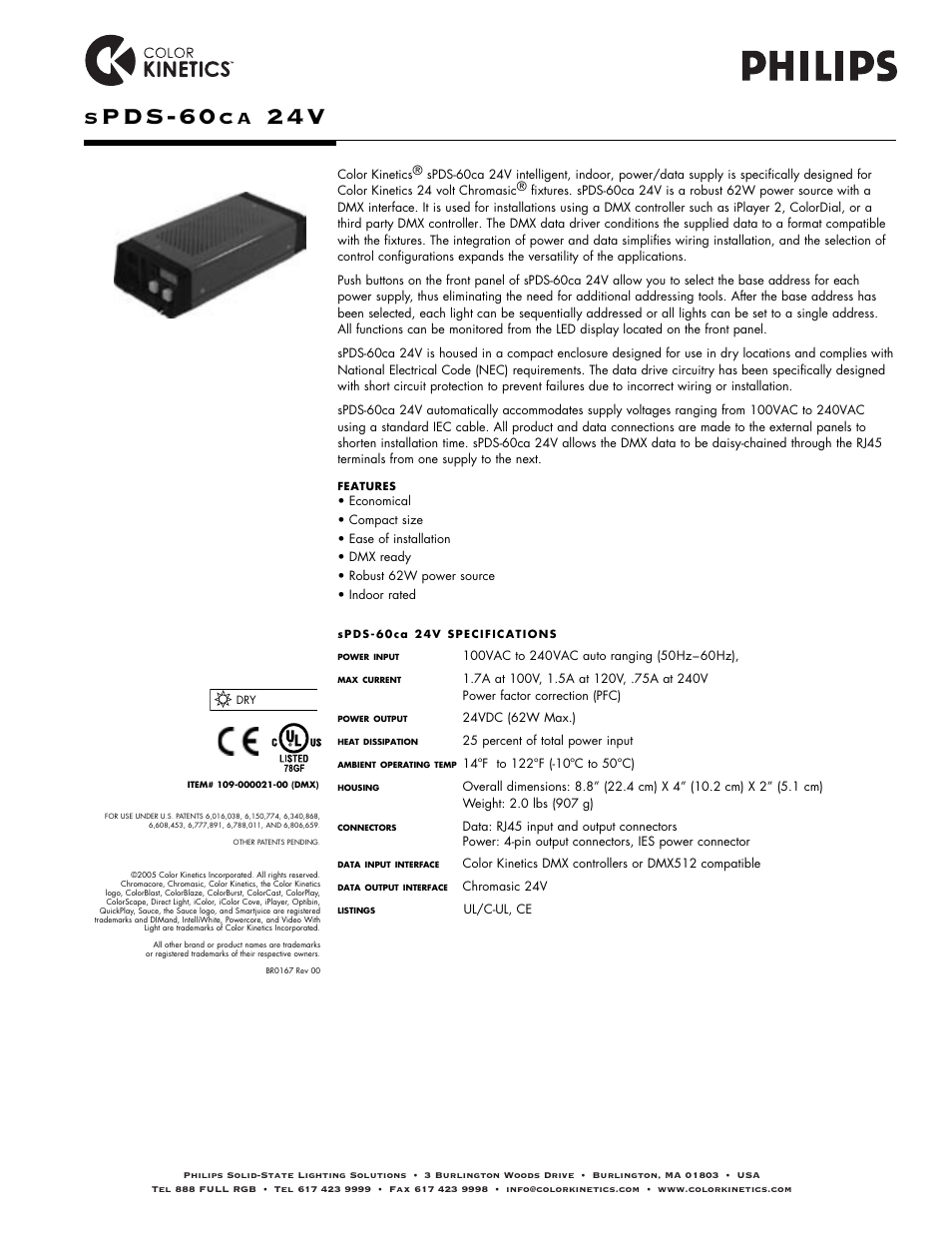 Philips Color Kinetics Power/Data Supply SPDS-60CA 24V User Manual | 3 pages