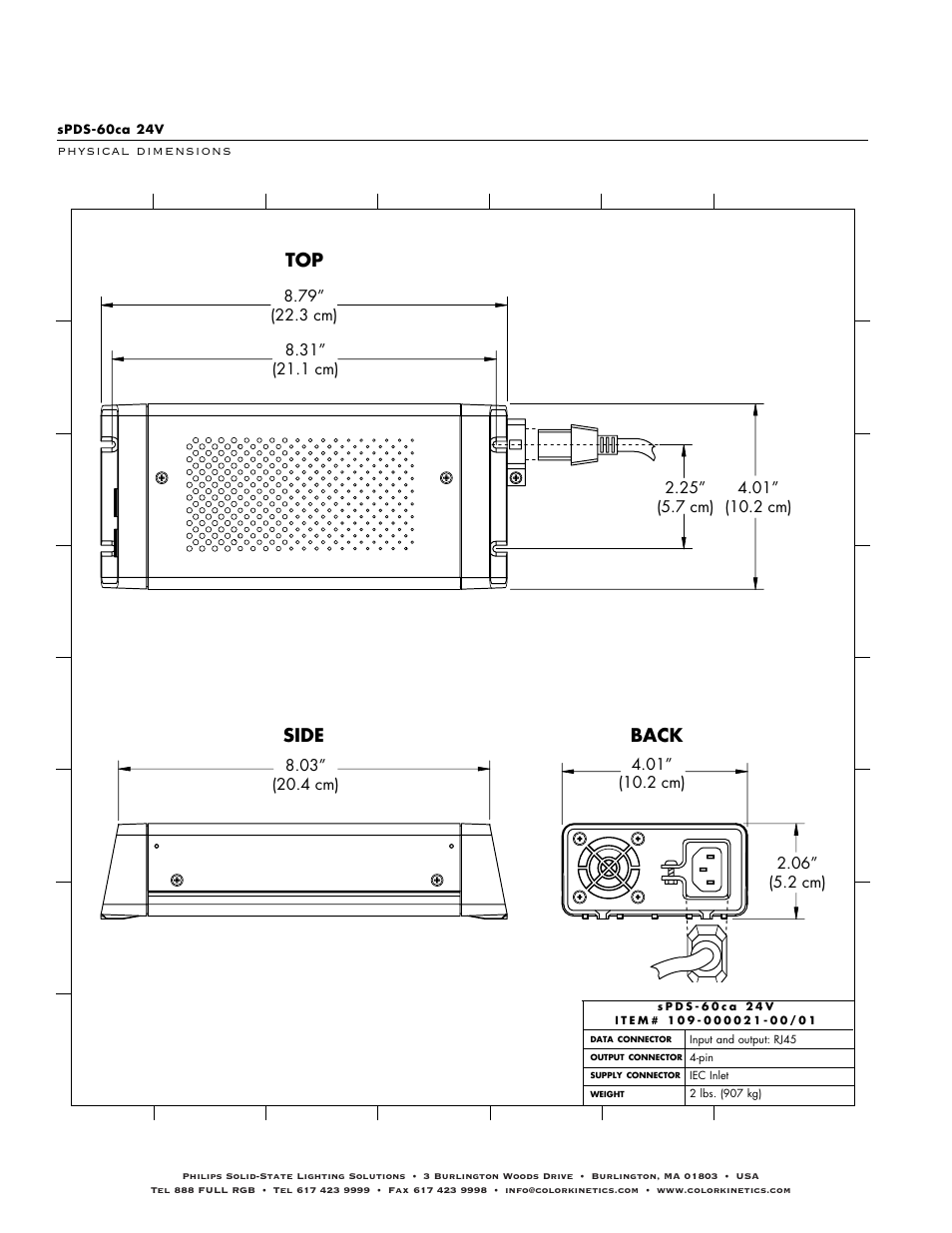 Side back top | Philips Color Kinetics Power/Data Supply SPDS-60CA 24V User Manual | Page 2 / 3