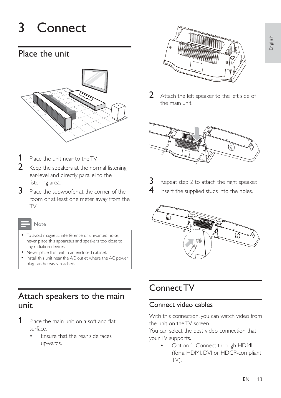 3 connect, Connect tv, Place the unit 1 | Attach speakers to the main unit 1 | Philips HSB4383/12 User Manual | Page 12 / 37