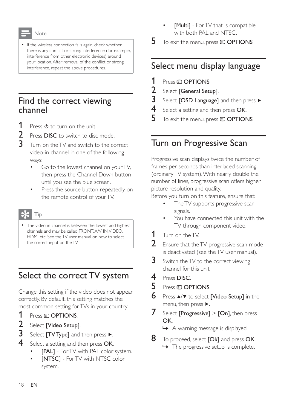 Select menu display language 1, Turn on progressive scan, Find the correct viewing channel 1 | Select the correct tv system | Philips HSB4383/12 User Manual | Page 17 / 37