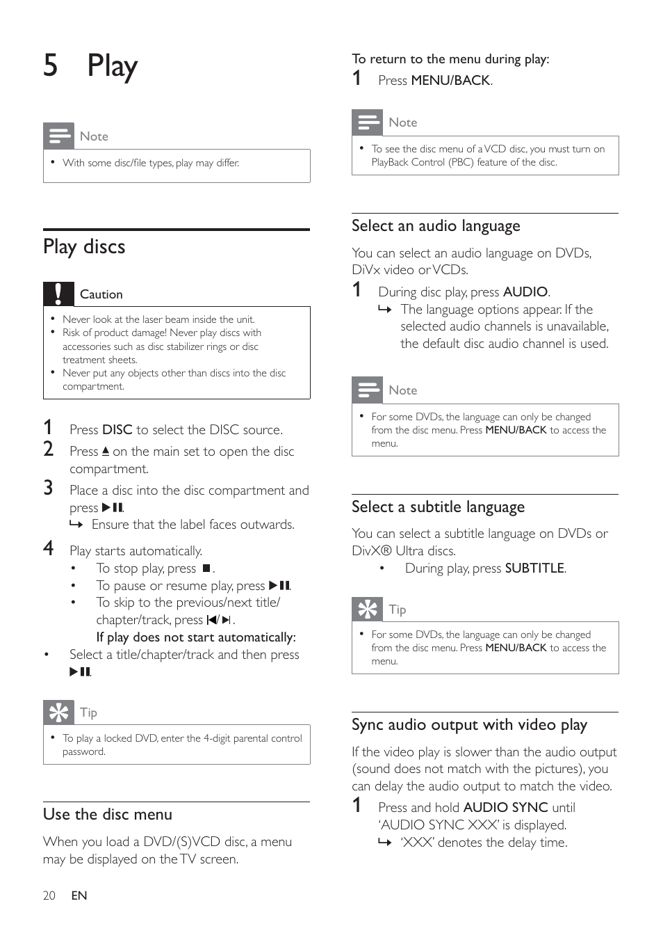 5 play, Play discs | Philips HSB4383/12 User Manual | Page 19 / 37