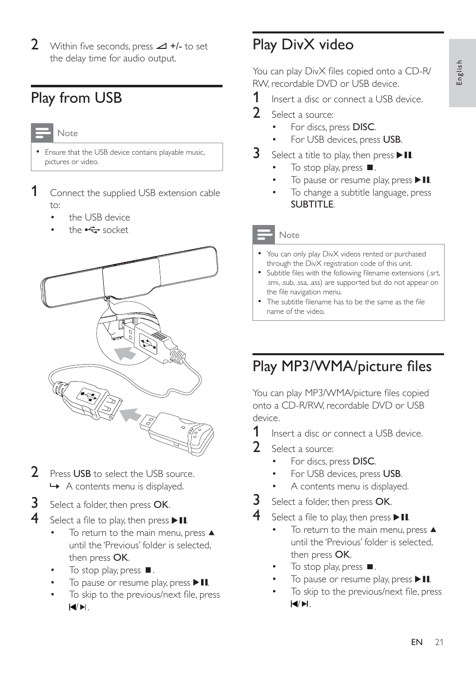Play divx video, Play mp3/wma/picture ﬁ les, Play from usb | Philips HSB4383/12 User Manual | Page 20 / 37