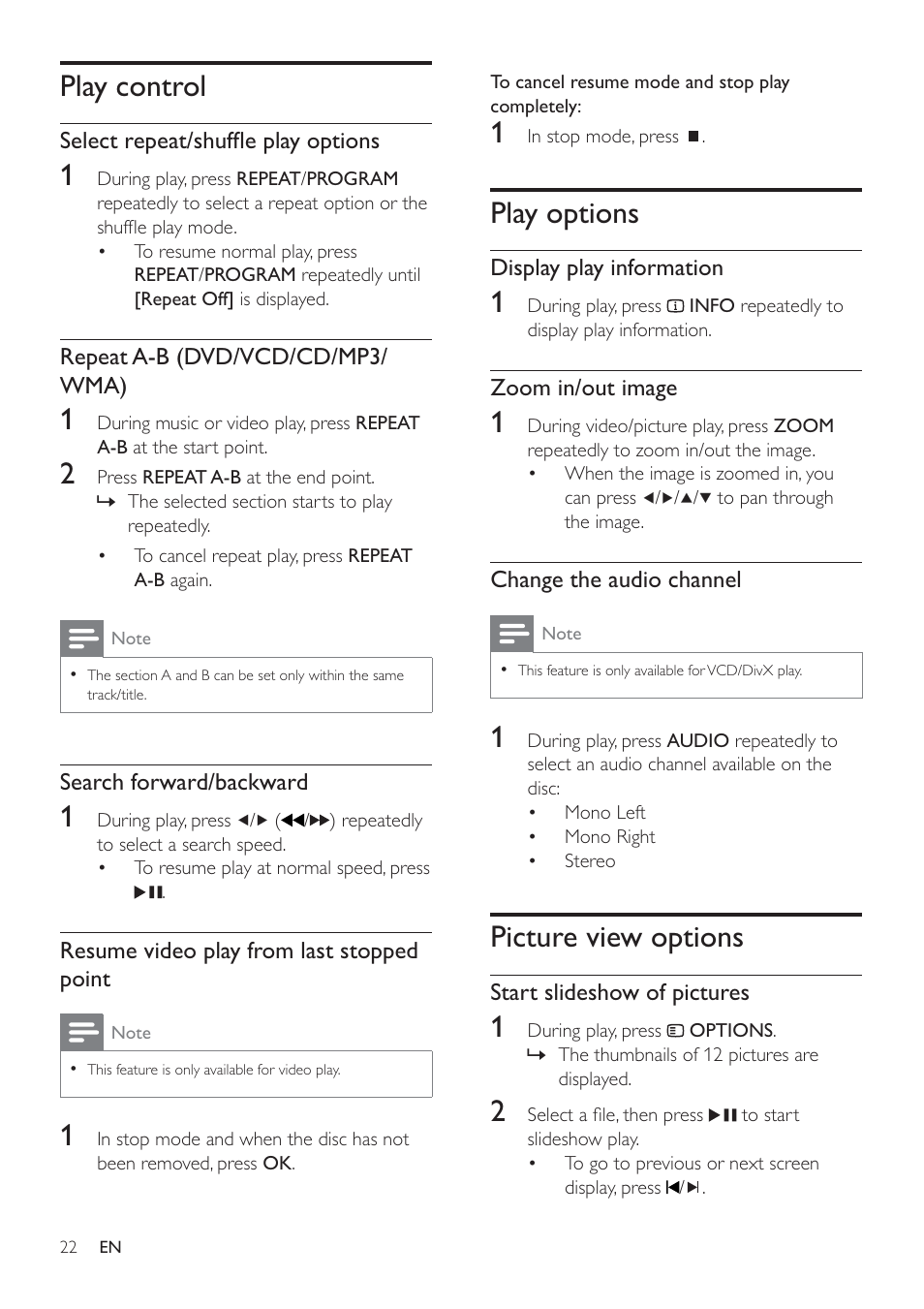 Play options, Picture view options, Play control | Philips HSB4383/12 User Manual | Page 21 / 37